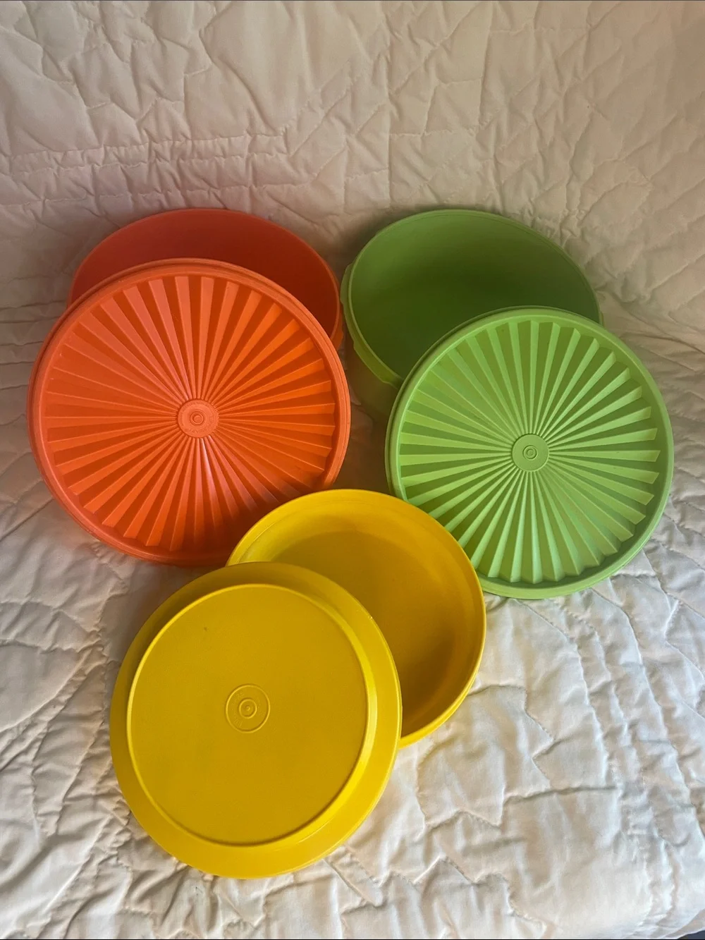 Tupperware Orange, Yellow & Green Round Storage Bowls with Lids